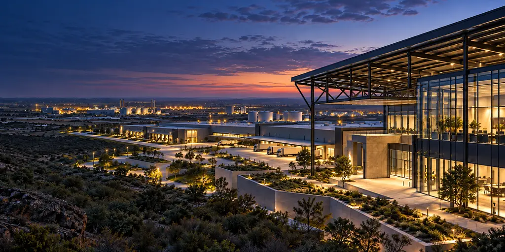 Conceptual modern industrial campus at dusk