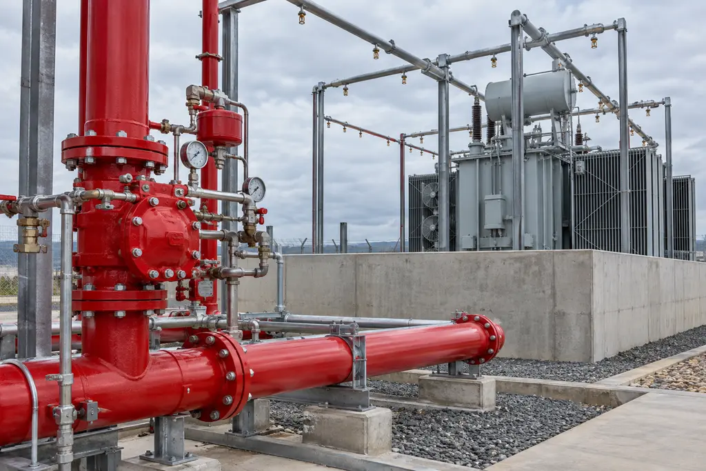 Conceptual deluge valve station and fixed water spray pipework at an industrial installation