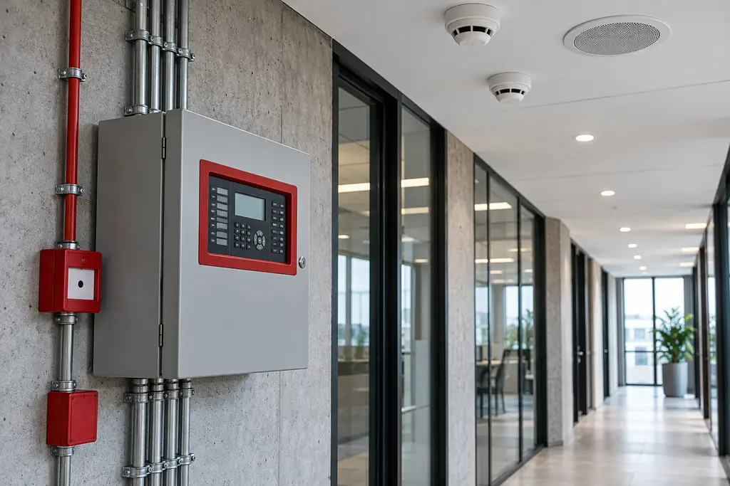 Conceptual fire alarm control panel with detection and voice alarm equipment
