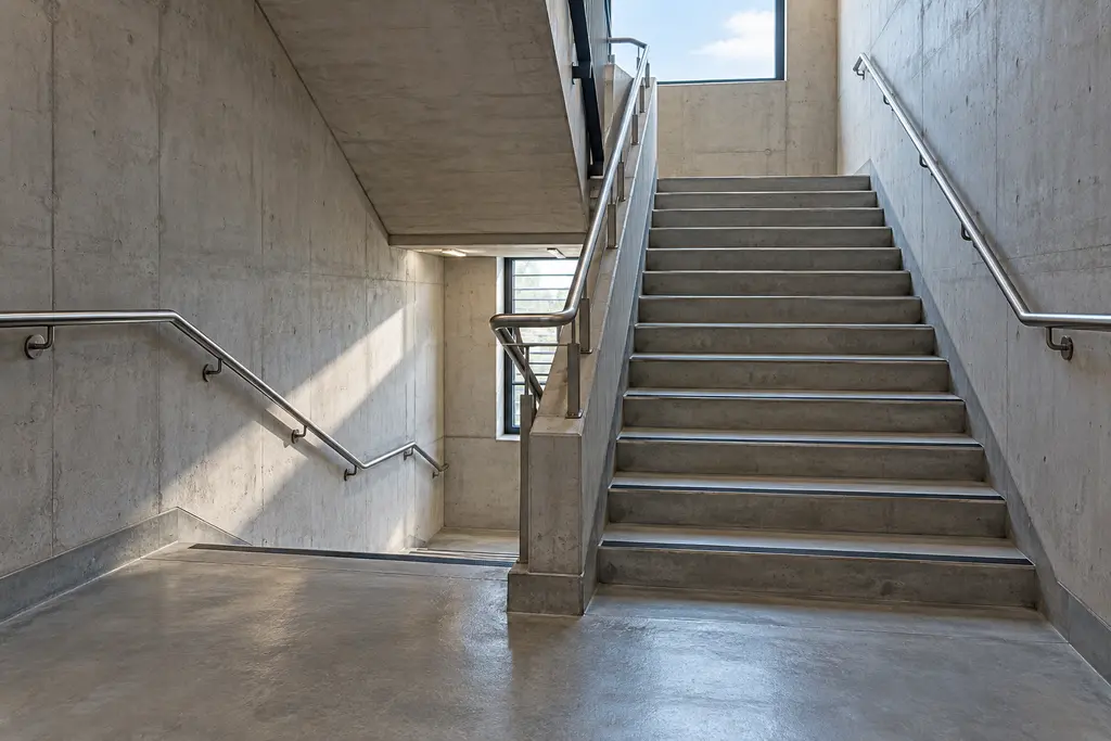 Conceptual protected stairwell with clear circulation and handrails