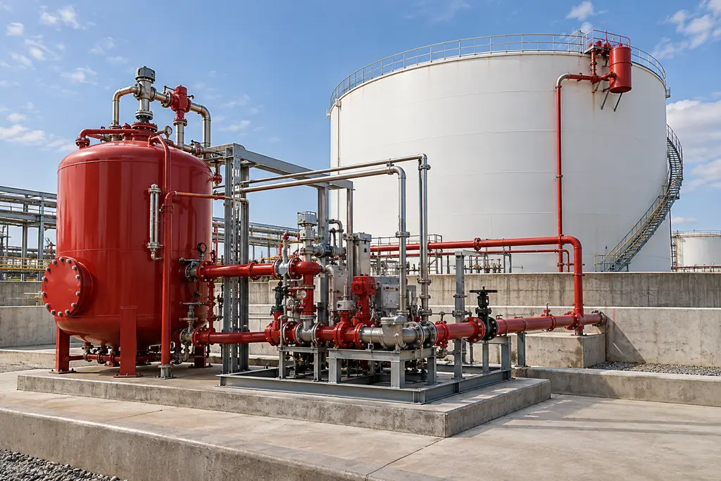 Conceptual foam concentrate and proportioning equipment serving a storage tank