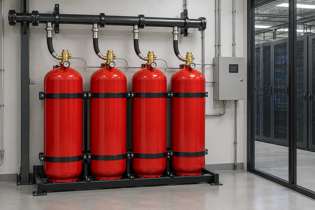 Conceptual red clean-agent suppression cylinder bank with brass valves, discharge manifold and releasing controls