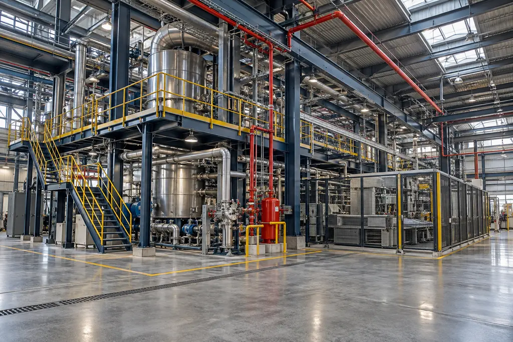 Conceptual industrial process hall with organised access and fire protection systems