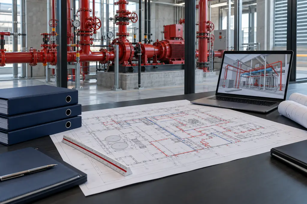 Conceptual fire protection design review with drawings and industrial system context