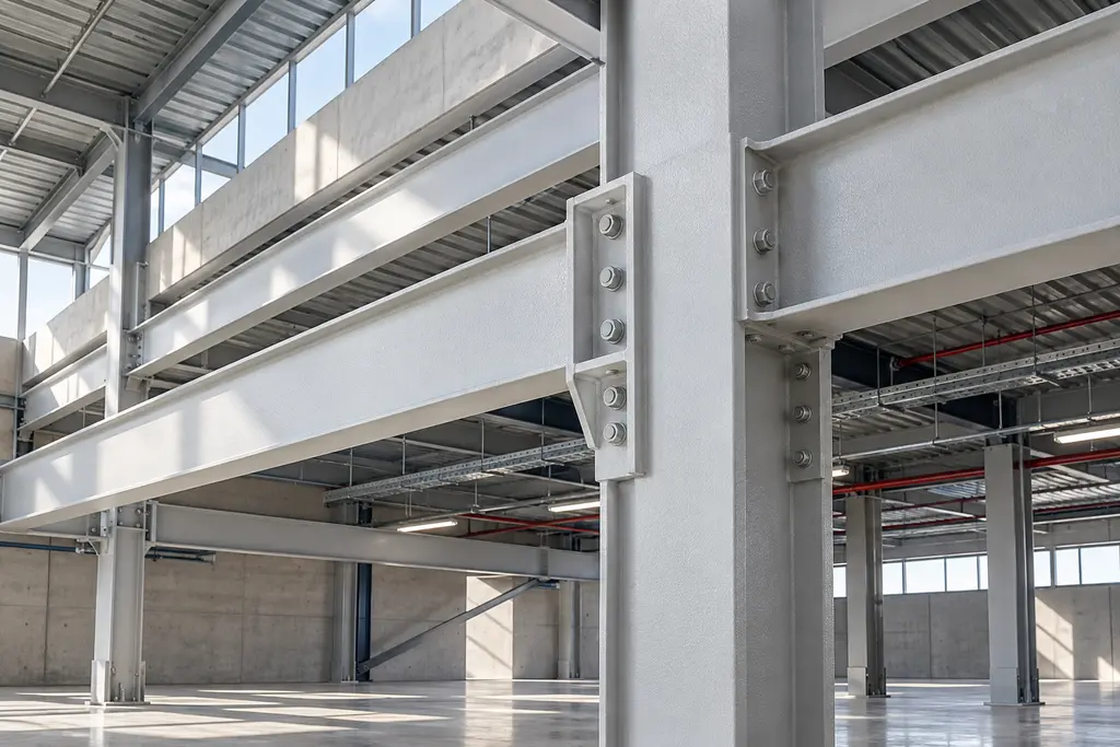 Conceptual protected structural steel columns and beams in an industrial building
