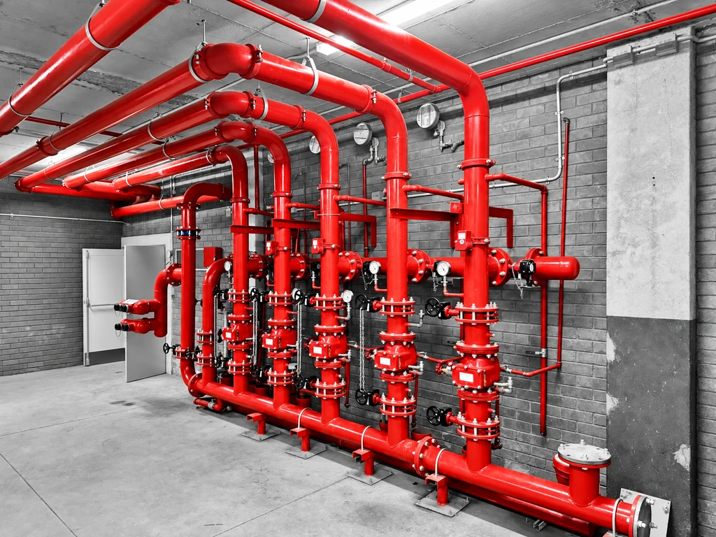 FESOL sprinkler valve installation with red pipework and valves against a black-and-white background