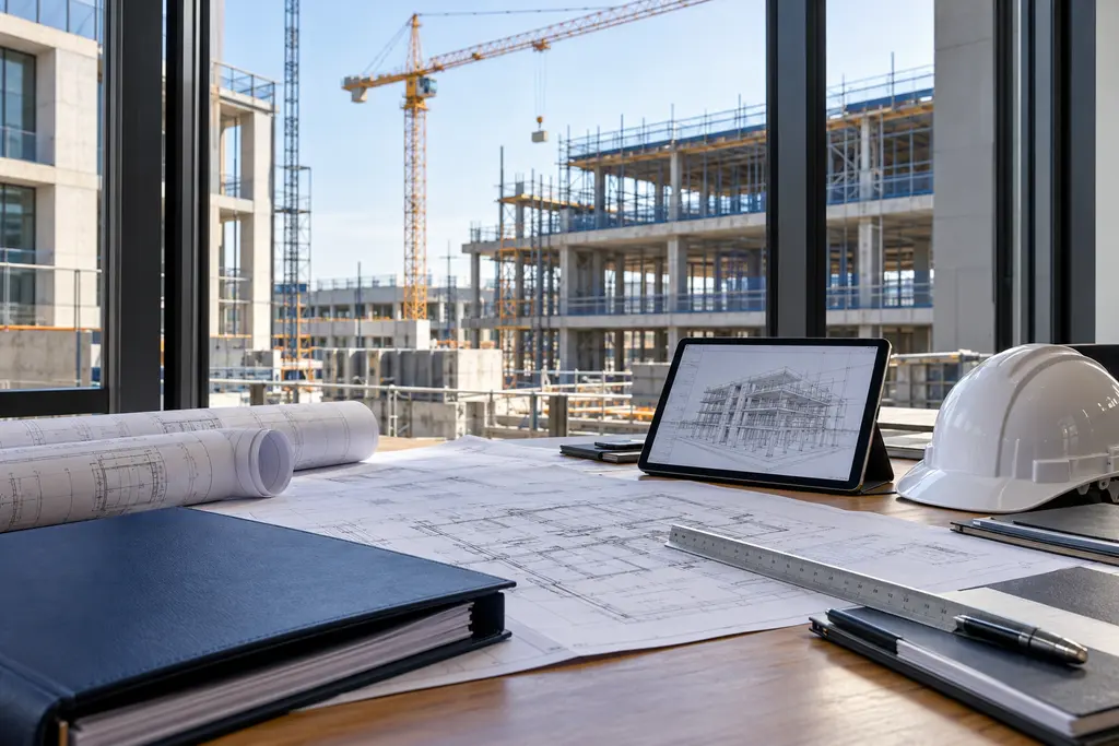 Conceptual engineering document review desk overlooking a building project