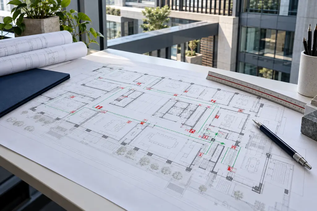 Conceptual architectural fire-plan drawing with escape routes and fire protection annotations