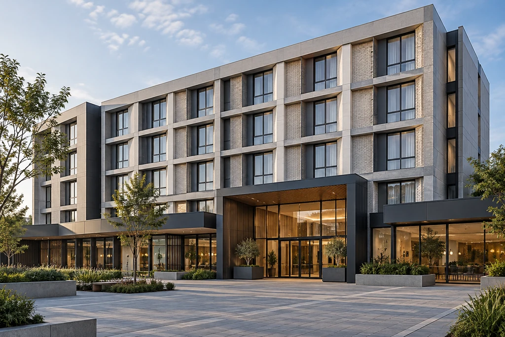 Conceptual accommodation and commercial building with guest rooms, a glazed entrance and a clear landscaped forecourt