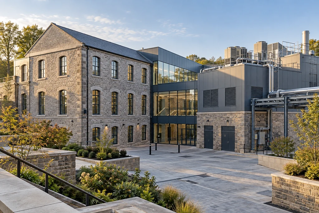 Conceptual existing building complex with a modern extension and integrated mechanical plant
