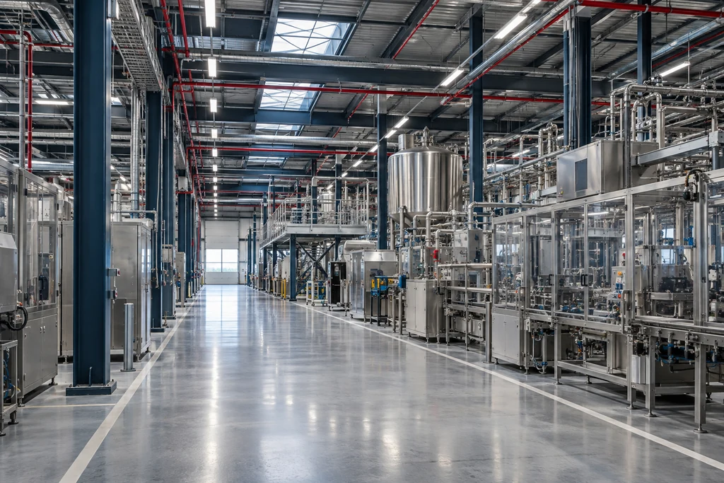 Conceptual manufacturing hall with process equipment, clear access aisles and overhead fire protection pipework