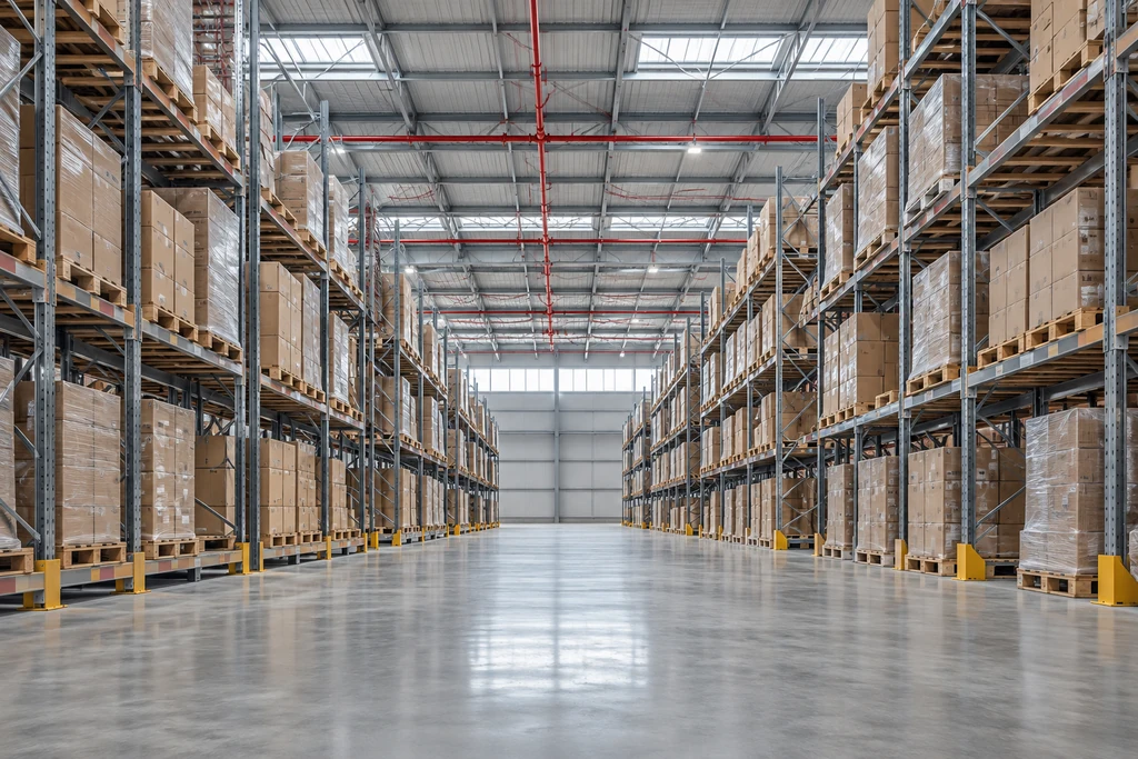 Conceptual logistics warehouse with pallet racks, clear aisles and overhead fire protection pipework