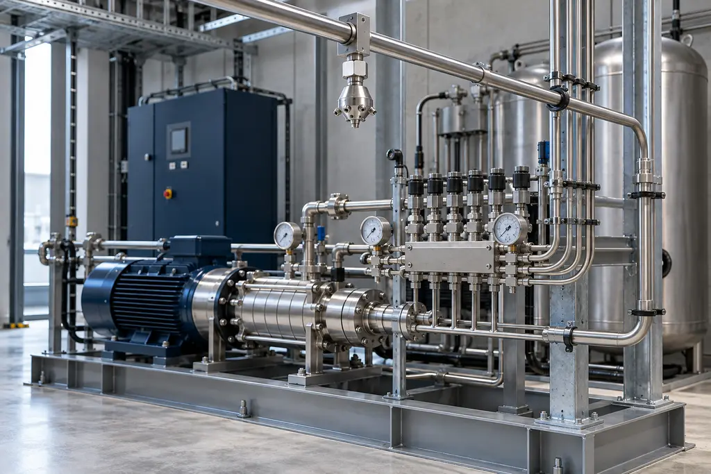 Conceptual water mist pump skid with stainless pipework and compact nozzle equipment